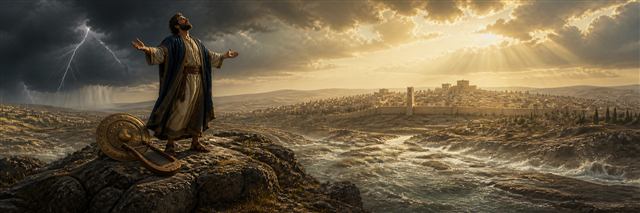David singing on a high rock as storm clouds part over Jerusalem